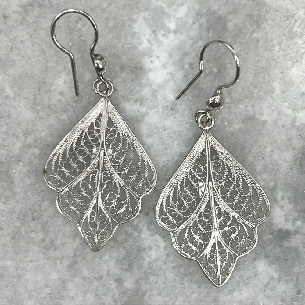 Sterling Silver Filigree Dangle Leaf Earrings - Picture 4 of 9